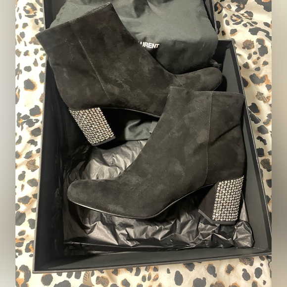 Saint Laurent - Suede Crystal Studded Babies 70 Ankle Boots 38.5 Black - Picture 2 of 12
